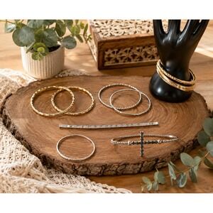 Fashion Bracelet Lot of 5 Gold Silver Bangle Cross Rhinestone Stackable Bracelet